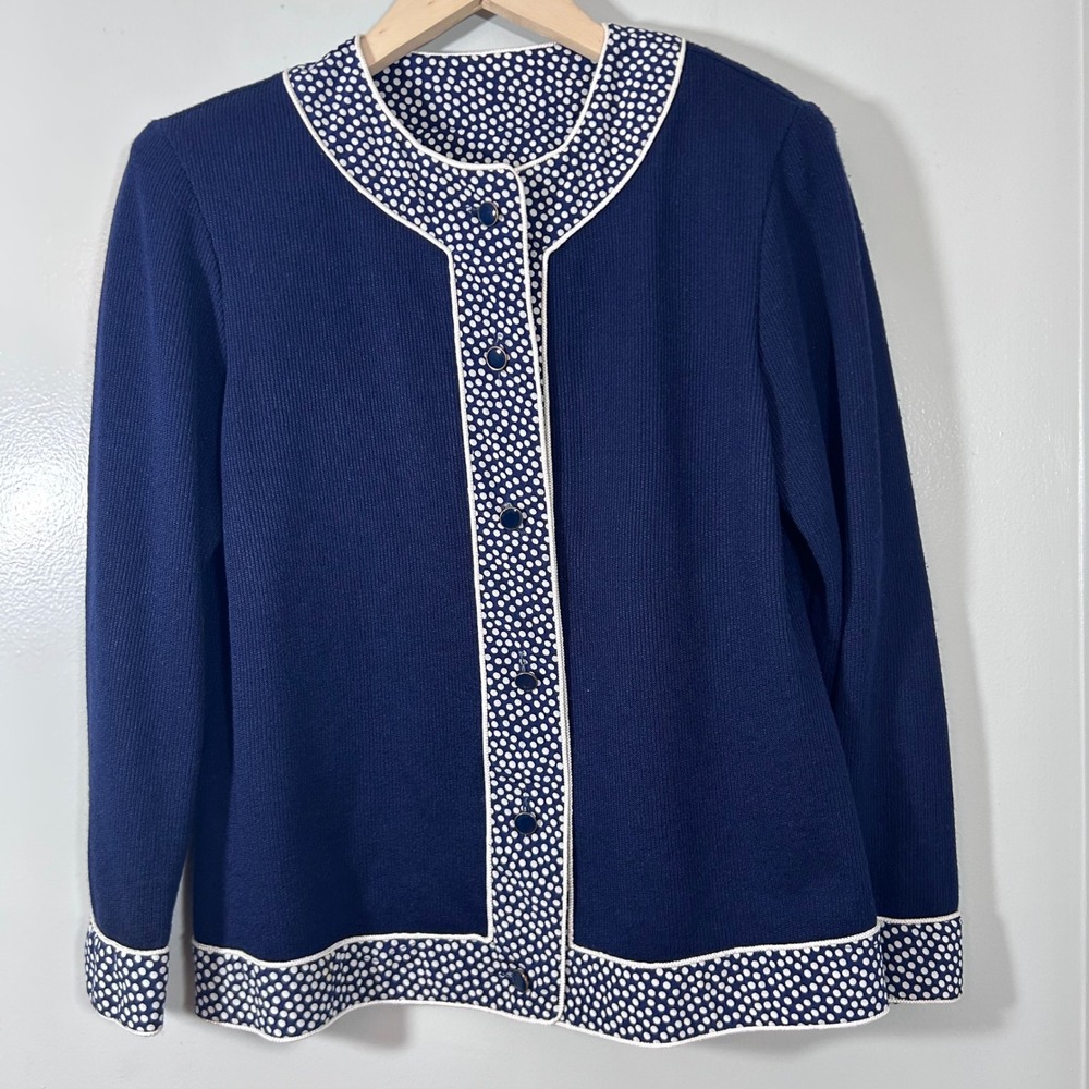 John Angelo Pal-La-Dino Vintage 80's Navy Polka Dot Trim Cardigan Sweater 10